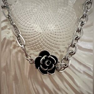 Black Camellia Flower Necklace With Pearl S. Steel Fashion Jewelry